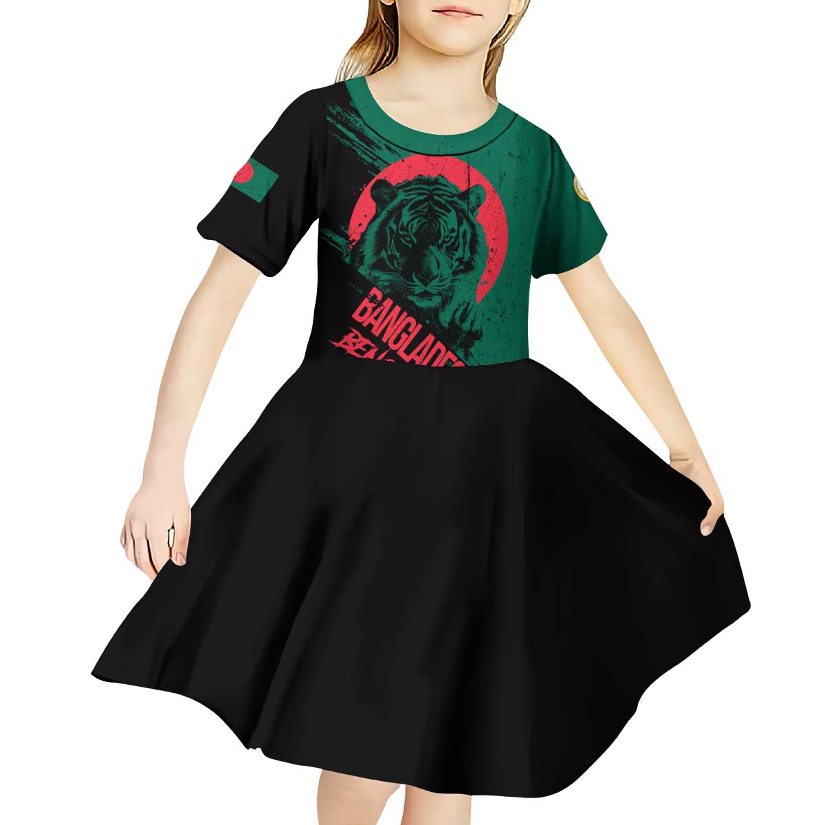 Bangladesh Bengal Tiger Kid Short Sleeve Dress with National Flag and Emblem Design