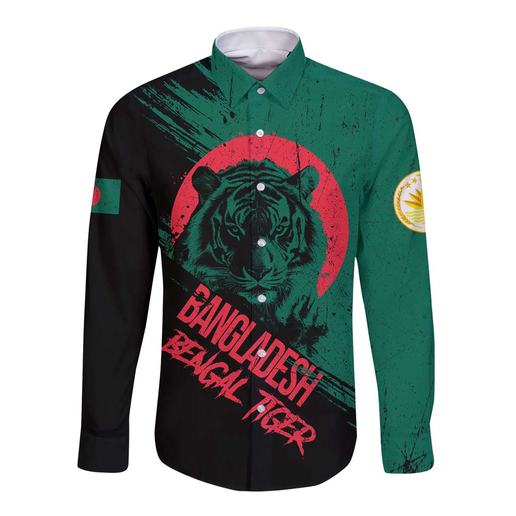 Bangladesh Bengal Tiger Long Sleeve Button Shirt with National Flag and Emblem Design