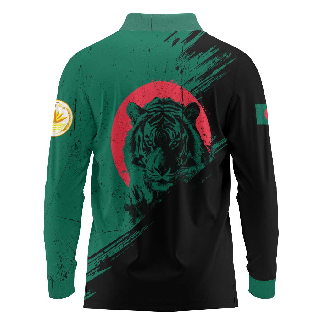 Bangladesh Bengal Tiger Long Sleeve Polo Shirt with National Flag and Emblem Design