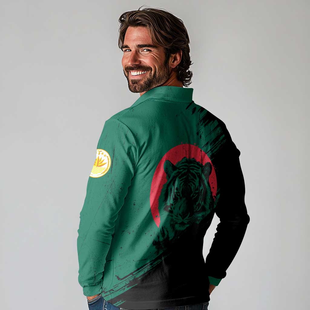 Bangladesh Bengal Tiger Long Sleeve Polo Shirt with National Flag and Emblem Design