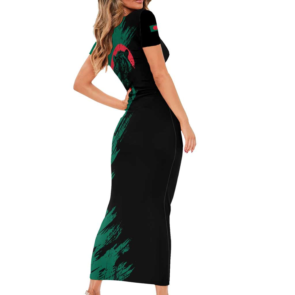 Bangladesh Bengal Tiger Short Sleeve Bodycon Dress with National Flag and Emblem Design