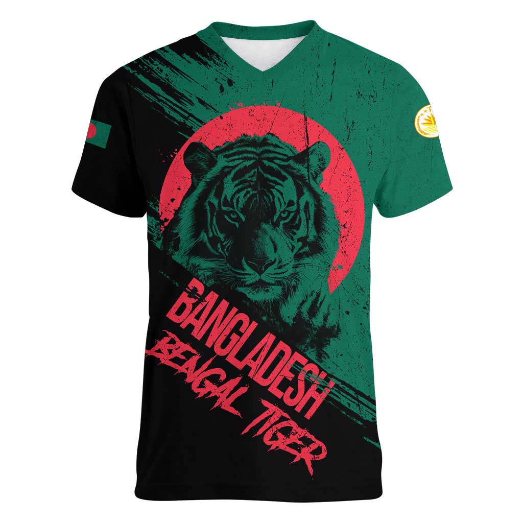 Bangladesh Bengal Tiger Women V-Neck T-Shirt with National Flag and Emblem Design