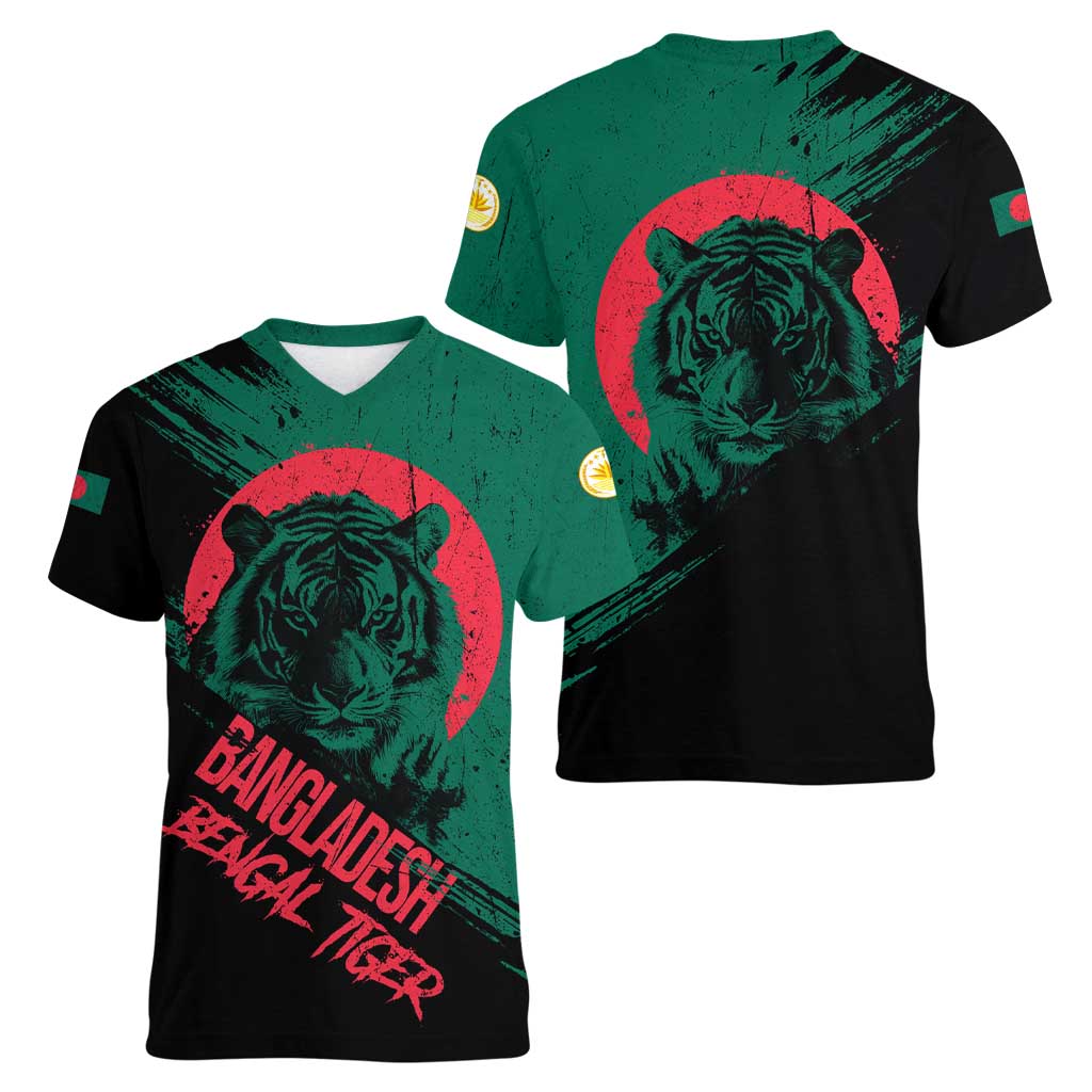 Bangladesh Bengal Tiger Women V-Neck T-Shirt with National Flag and Emblem Design
