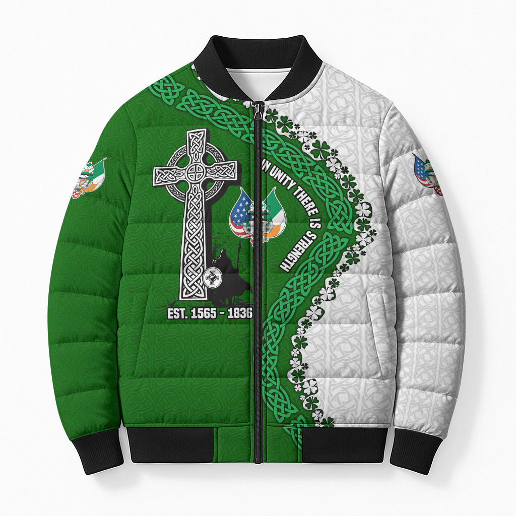 Ancient Order Of Hibernians Bomber Puffer Jacket Celtic Cross Irish American Flag Heritage