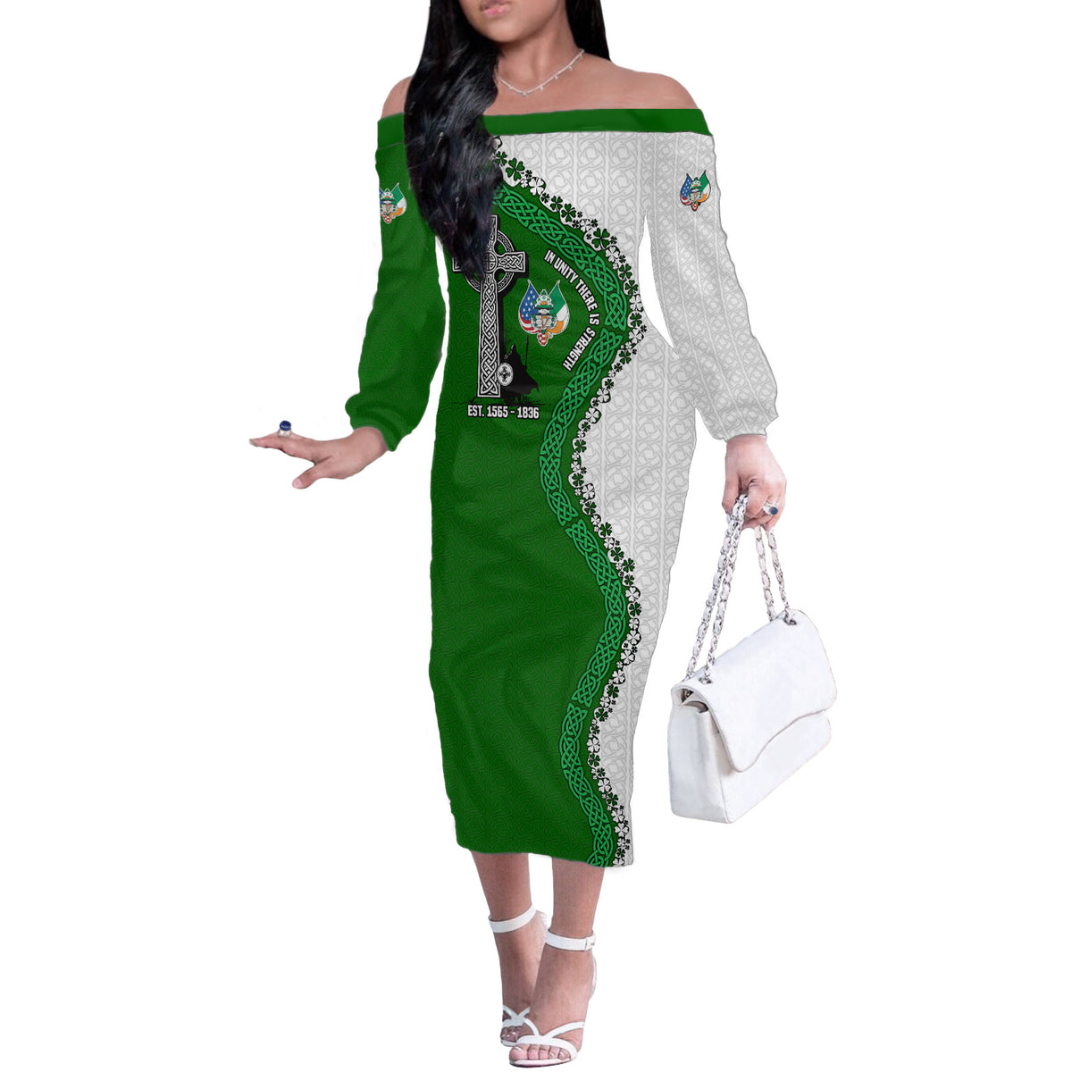 Ancient Order Of Hibernians Off The Shoulder Long Sleeve Dress Celtic Cross Irish American Flag Heritage