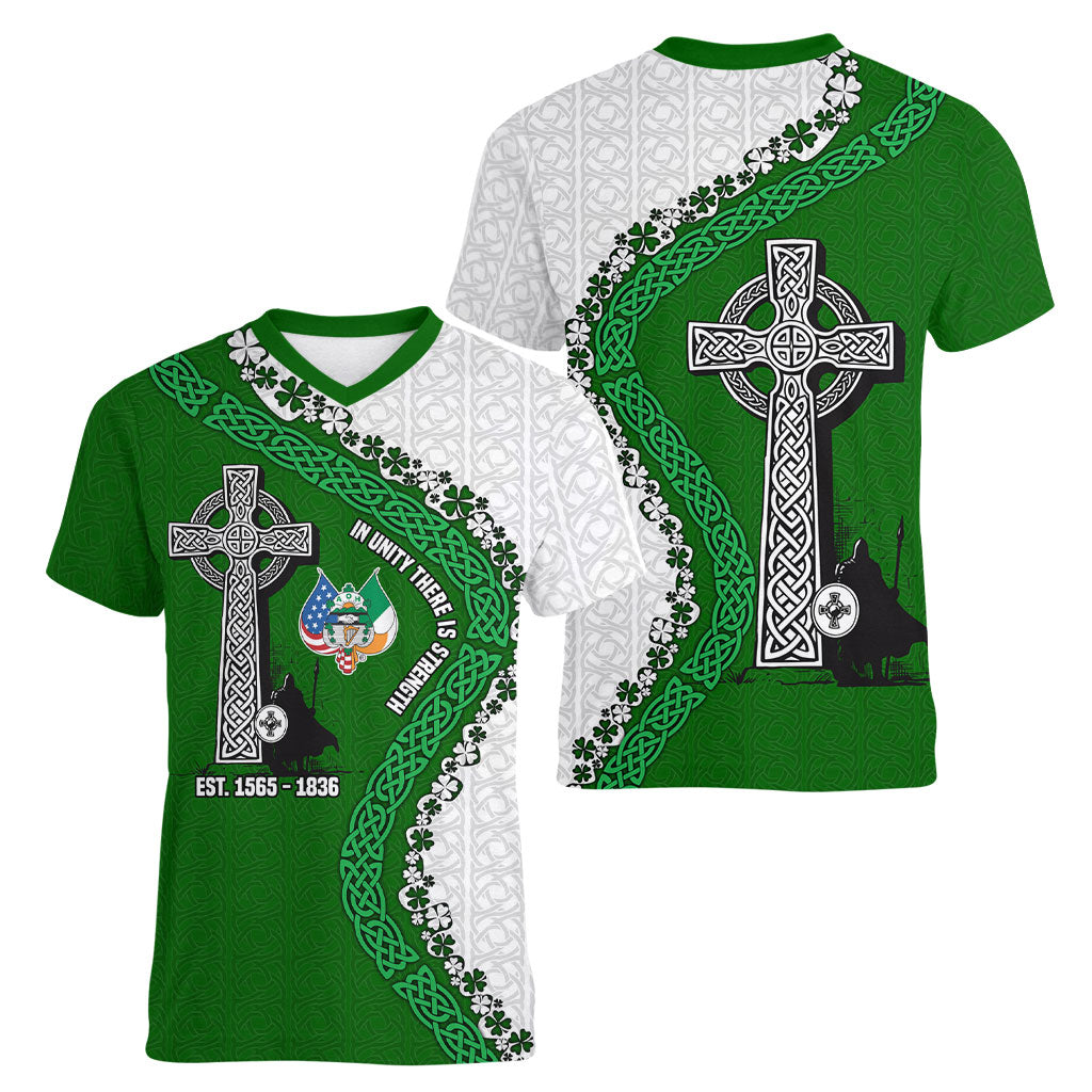 Ancient Order Of Hibernians Women V-Neck T-Shirt Celtic Cross Irish American Flag Heritage