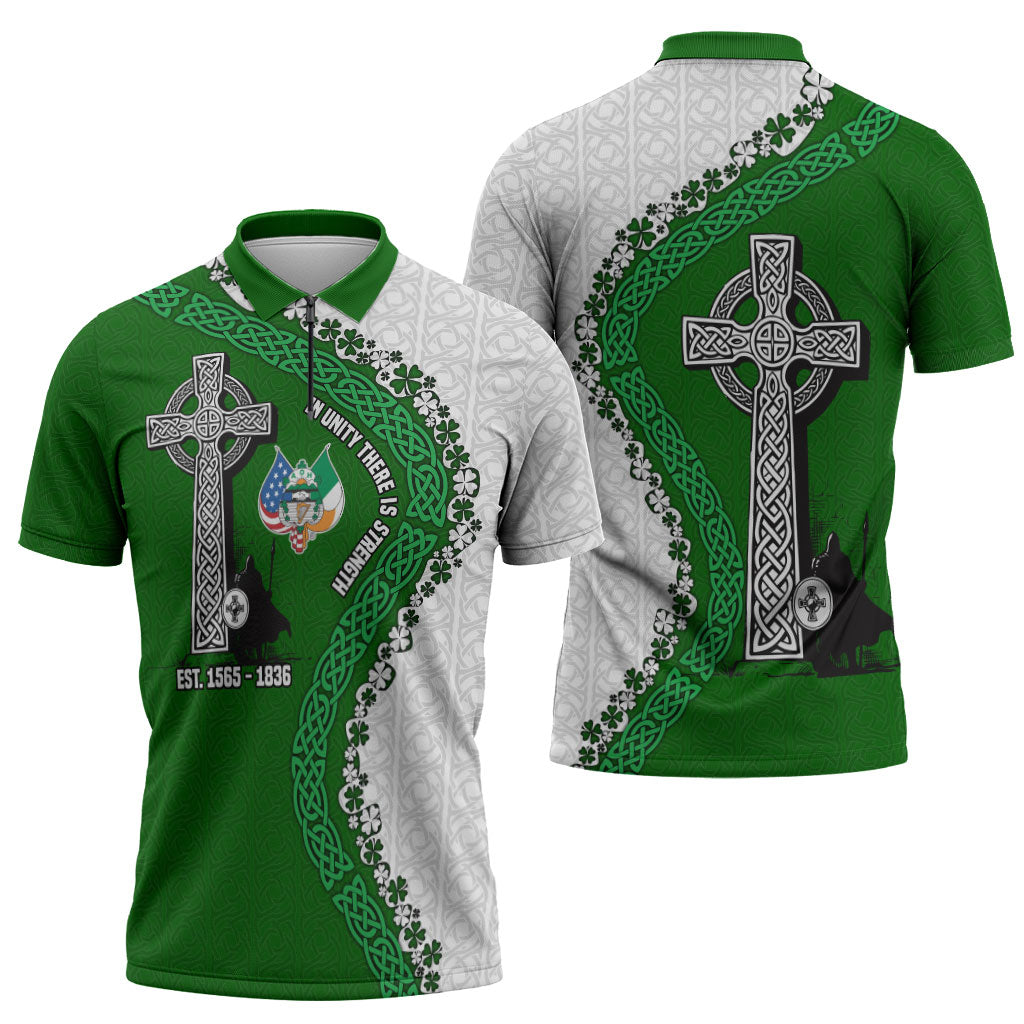 Ancient Order Of Hibernians Zipper Polo Shirt Celtic Cross Irish American Flag Heritage