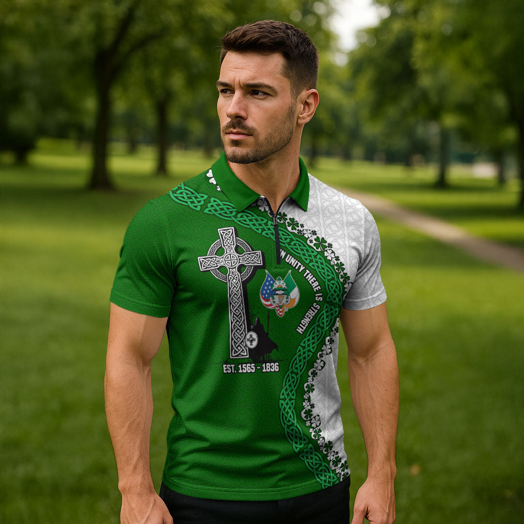Ancient Order Of Hibernians Zipper Polo Shirt Celtic Cross Irish American Flag Heritage