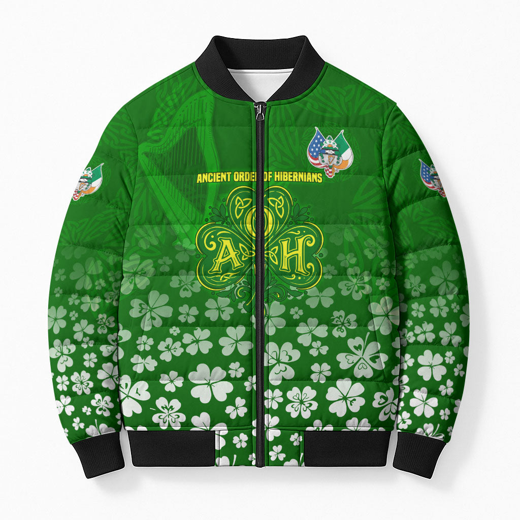 Ancient Order Of Hibernians Bomber Puffer Jacket Irish Celtic Knotwork - Shamrock Harp