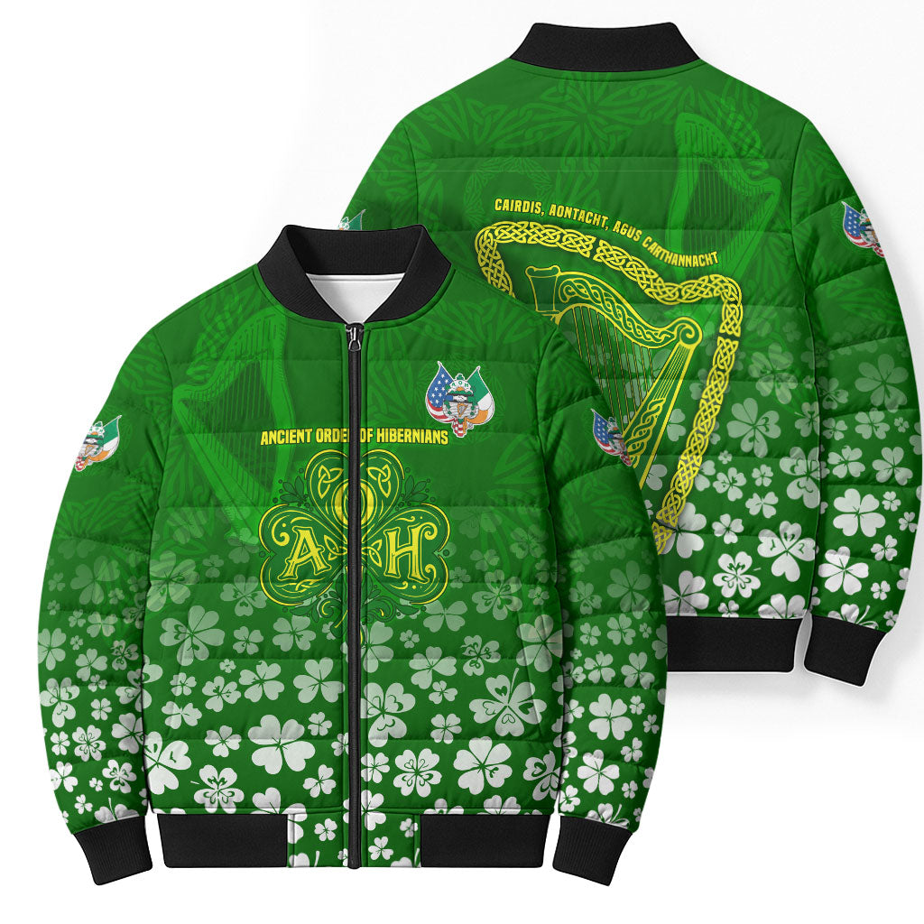 Ancient Order Of Hibernians Bomber Puffer Jacket Irish Celtic Knotwork - Shamrock Harp