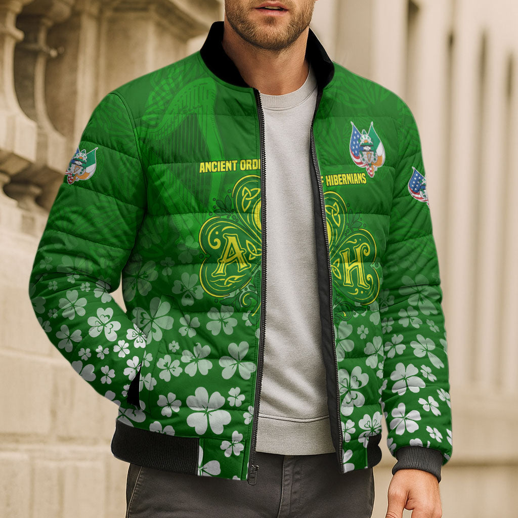 Ancient Order Of Hibernians Bomber Puffer Jacket Irish Celtic Knotwork - Shamrock Harp