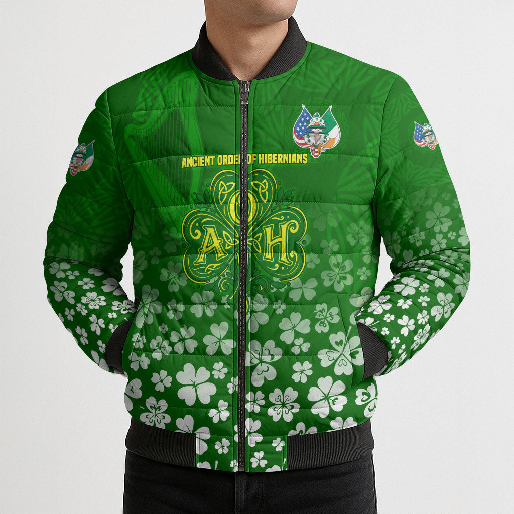 Ancient Order Of Hibernians Bomber Puffer Jacket Irish Celtic Knotwork - Shamrock Harp
