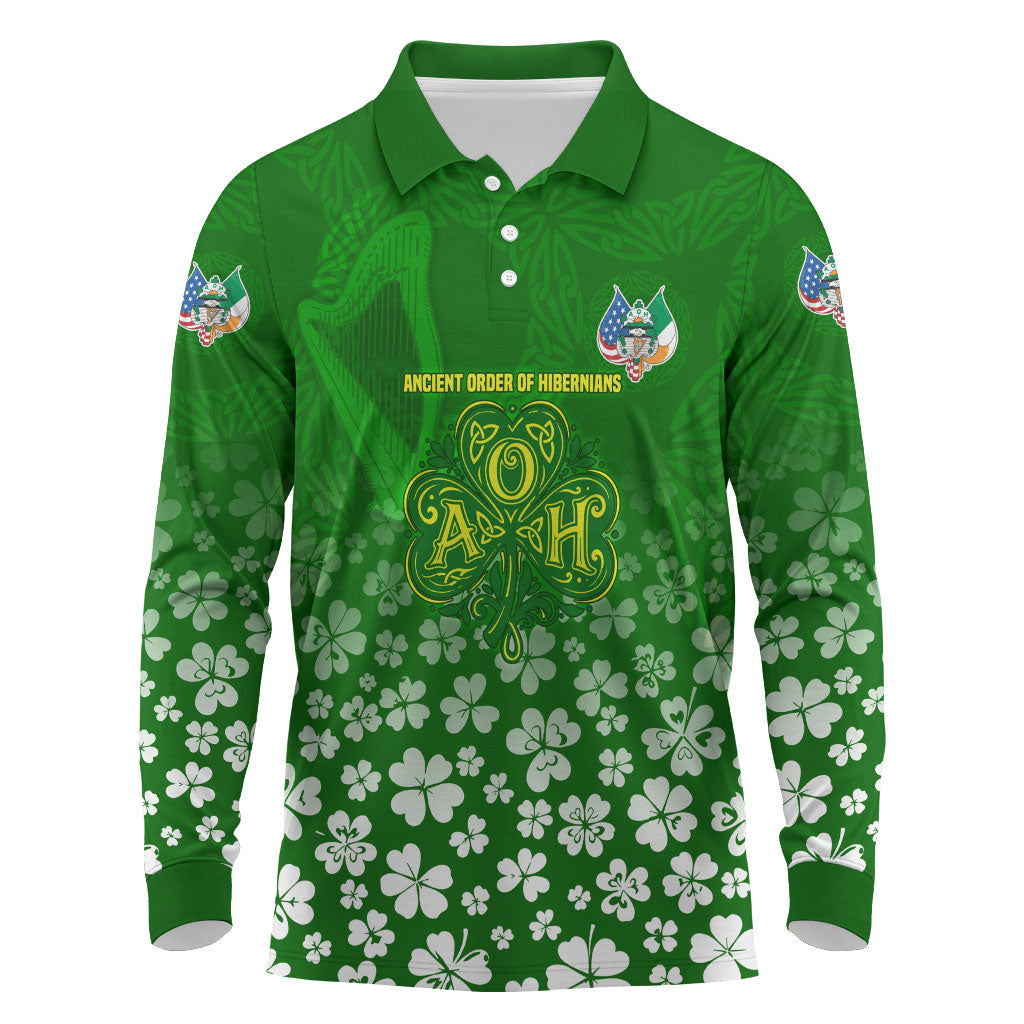 Ancient Order Of Hibernians Long Sleeve Polo Shirt Irish Celtic Knotwork - Shamrock Harp