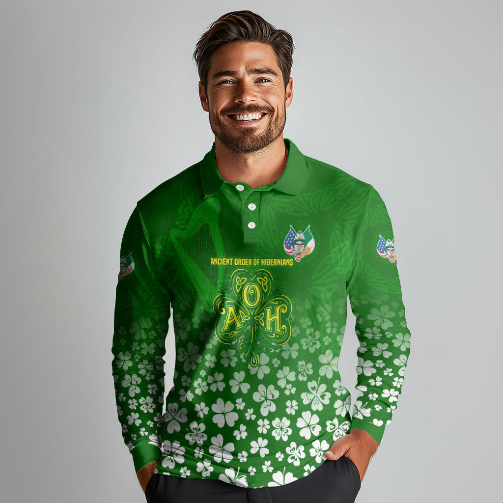 Ancient Order Of Hibernians Long Sleeve Polo Shirt Irish Celtic Knotwork - Shamrock Harp