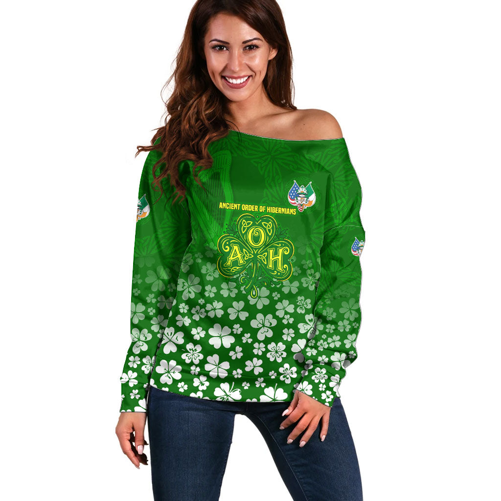Ancient Order Of Hibernians Off Shoulder Sweater Irish Celtic Knotwork - Shamrock Harp