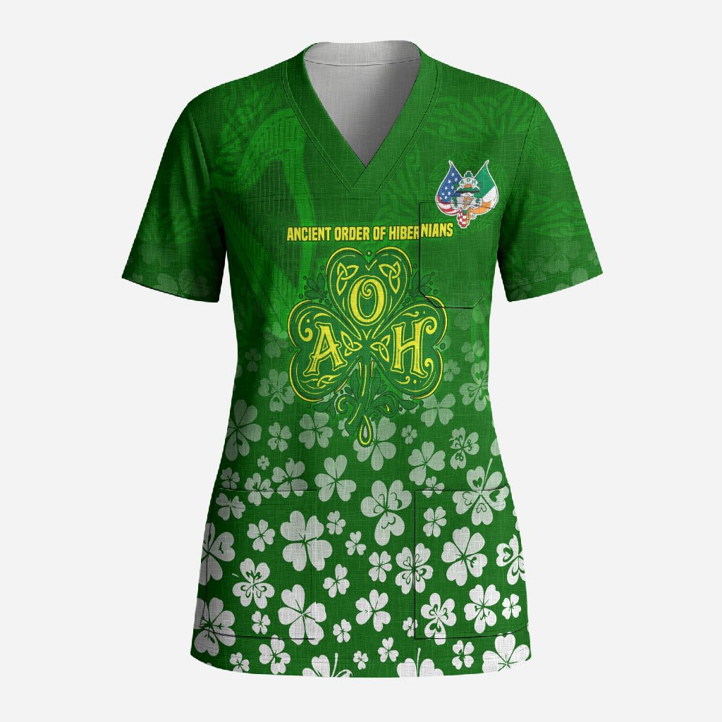 Ancient Order Of Hibernians Scrub Top Irish Celtic Knotwork - Shamrock Harp