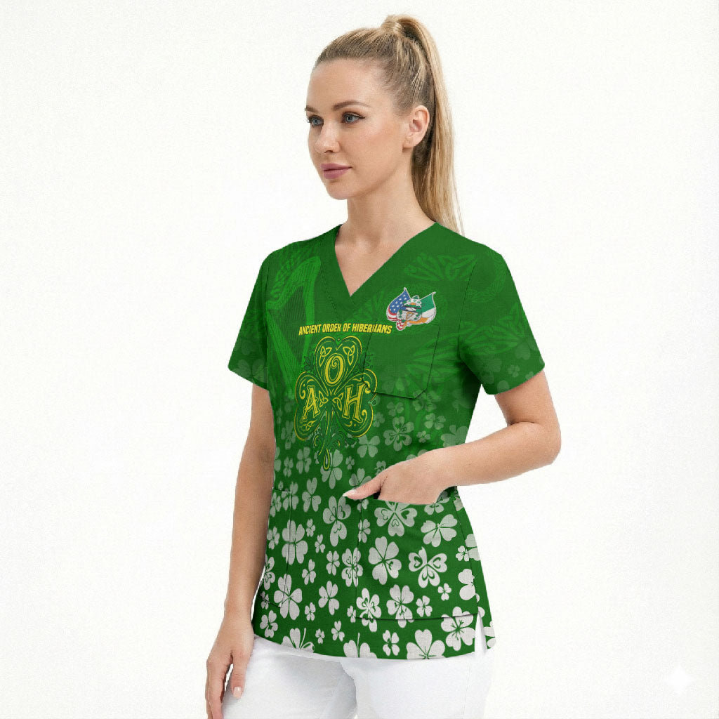 Ancient Order Of Hibernians Scrub Top Irish Celtic Knotwork - Shamrock Harp