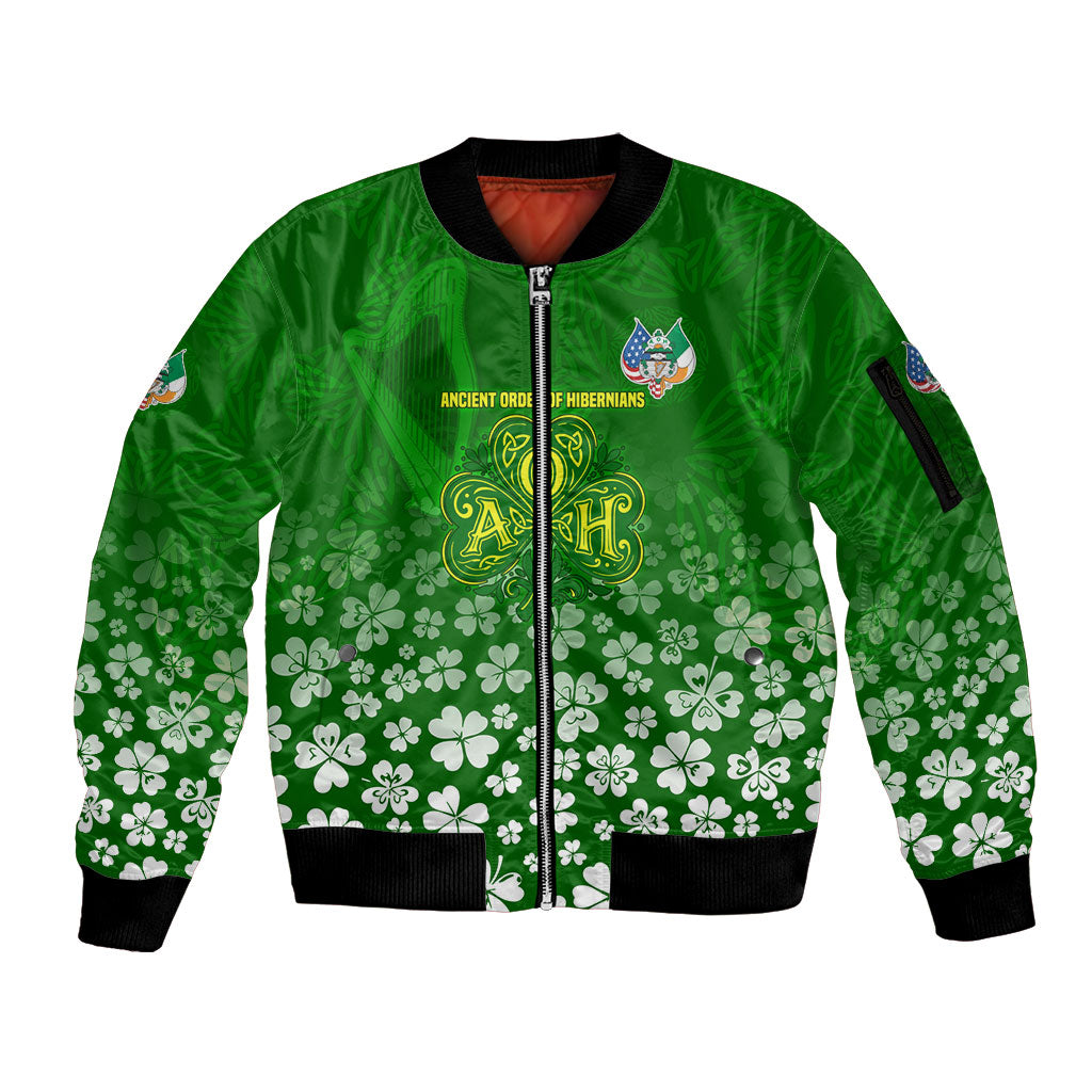 Ancient Order Of Hibernians Sleeve Zip Bomber Jacket Irish Celtic Knotwork - Shamrock Harp