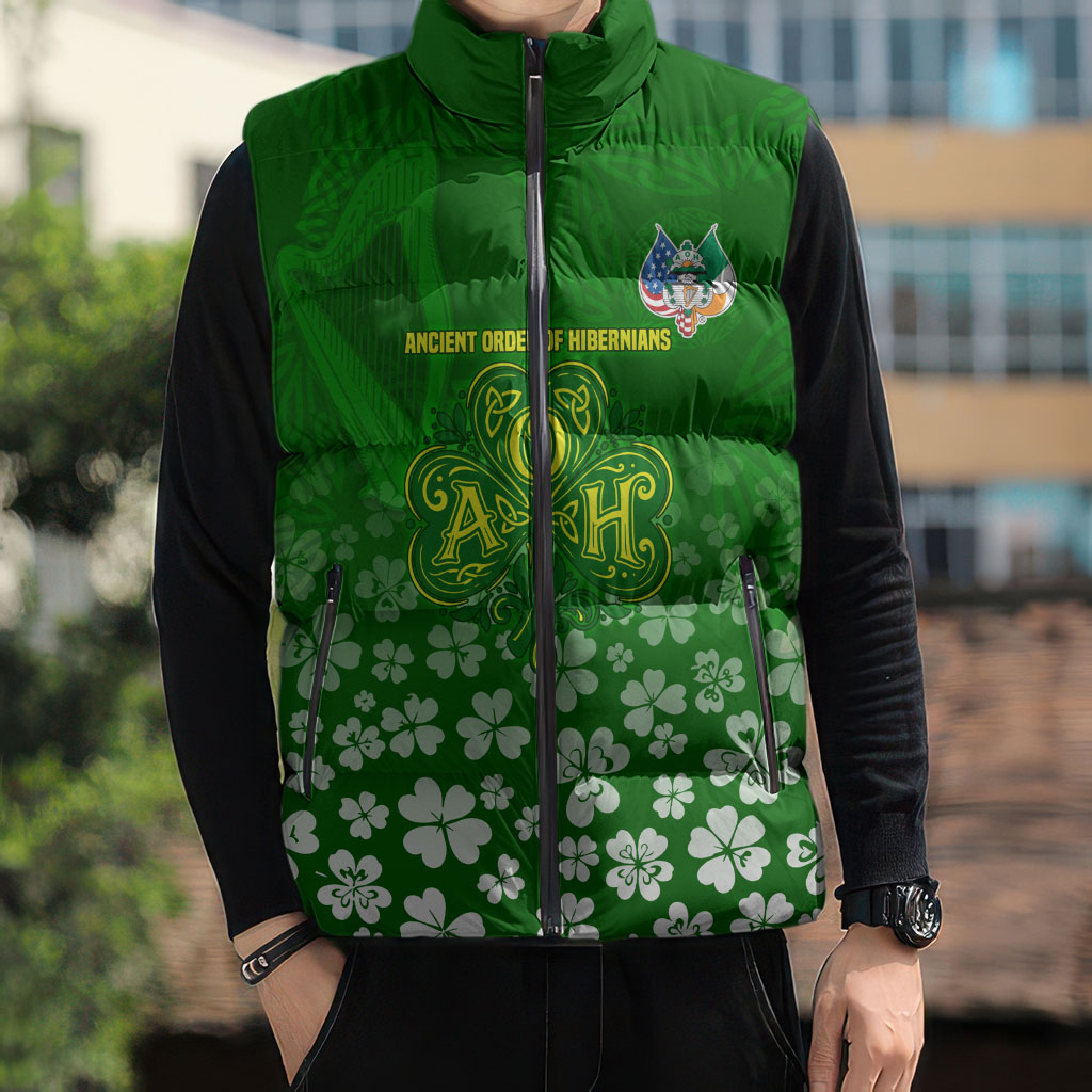 Ancient Order Of Hibernians Sleeveless Puffer Jacket Irish Celtic Knotwork - Shamrock Harp