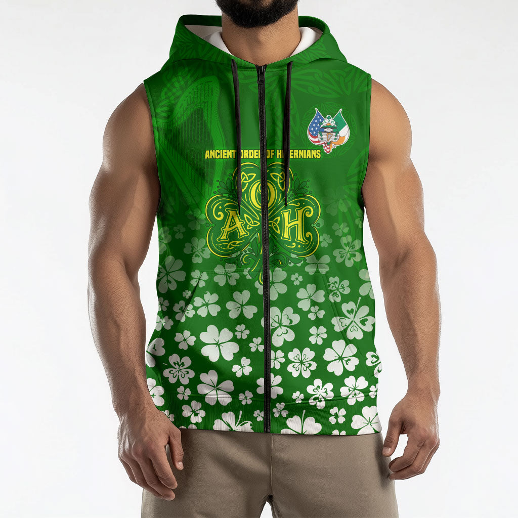 Ancient Order Of Hibernians Sleeveless Zip Hoodie Irish Celtic Knotwork - Shamrock Harp