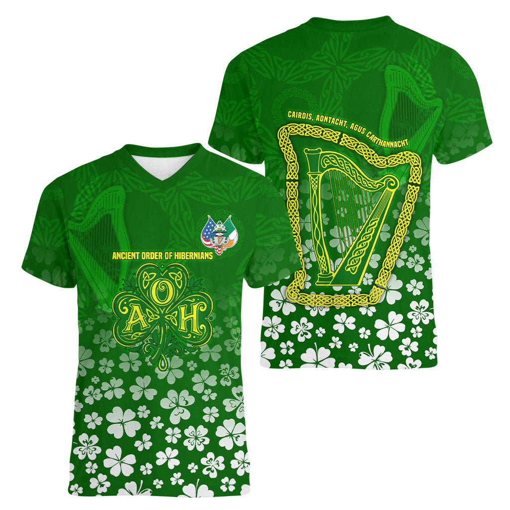 Ancient Order Of Hibernians Women V-Neck T-Shirt Irish Celtic Knotwork - Shamrock Harp