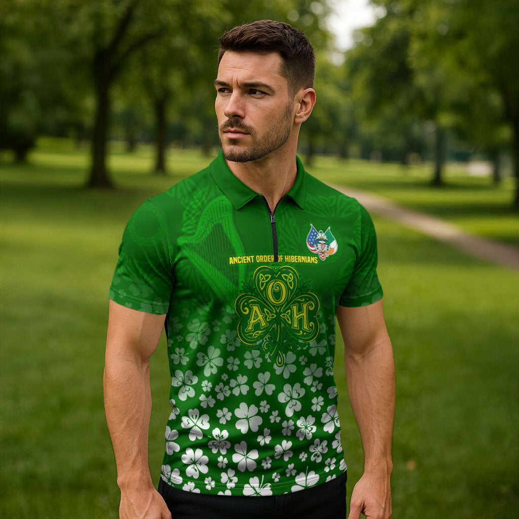 Ancient Order Of Hibernians Zipper Polo Shirt Irish Celtic Knotwork - Shamrock Harp