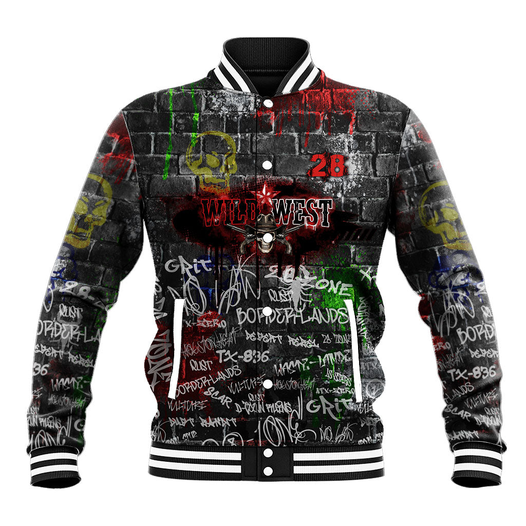 Personalized Wild West Borderlands Baseball Jacket Urban Street Graffiti Art Skull Scorpion Symbols