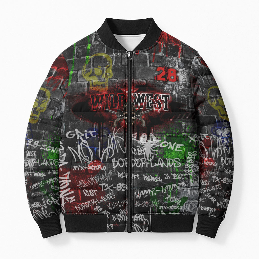 Personalized Wild West Borderlands Bomber Puffer Jacket Urban Street Graffiti Art Skull Scorpion Symbols