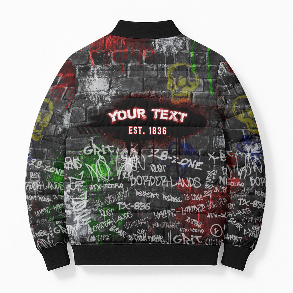 Personalized Wild West Borderlands Bomber Puffer Jacket Urban Street Graffiti Art Skull Scorpion Symbols