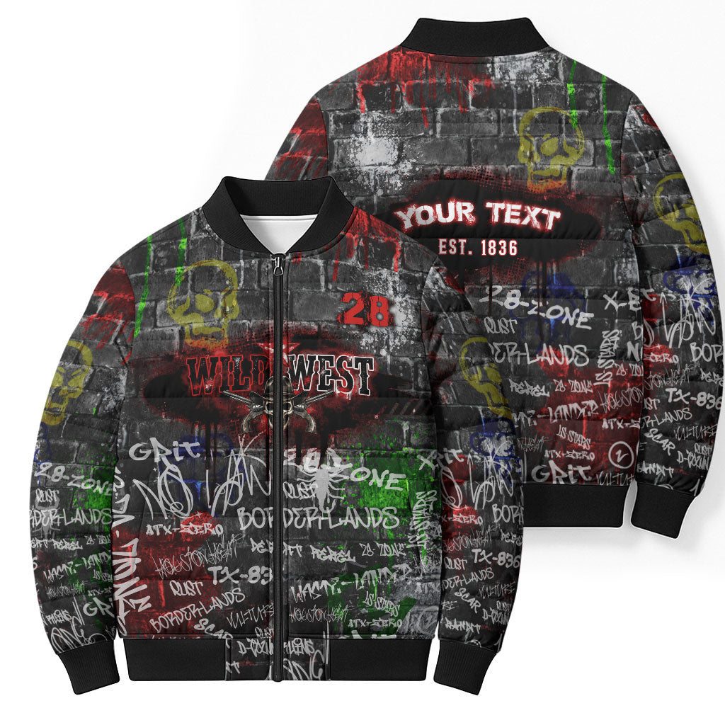 Personalized Wild West Borderlands Bomber Puffer Jacket Urban Street Graffiti Art Skull Scorpion Symbols