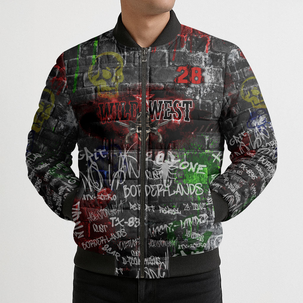 Personalized Wild West Borderlands Bomber Puffer Jacket Urban Street Graffiti Art Skull Scorpion Symbols