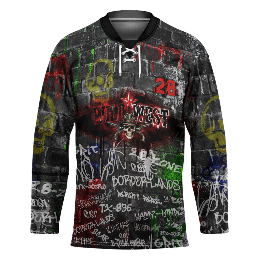 Personalized Wild West Borderlands Hockey Jersey Urban Street Graffiti Art Skull Scorpion Symbols