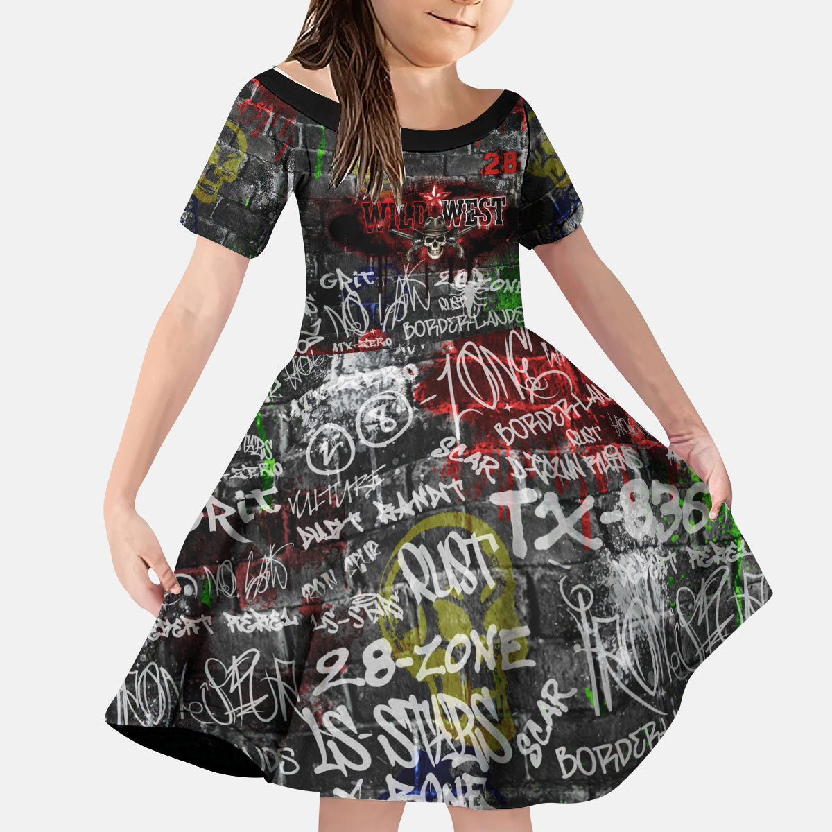 Personalized Wild West Borderlands Kid Short Sleeve Dress Urban Street Graffiti Art Skull Scorpion Symbols