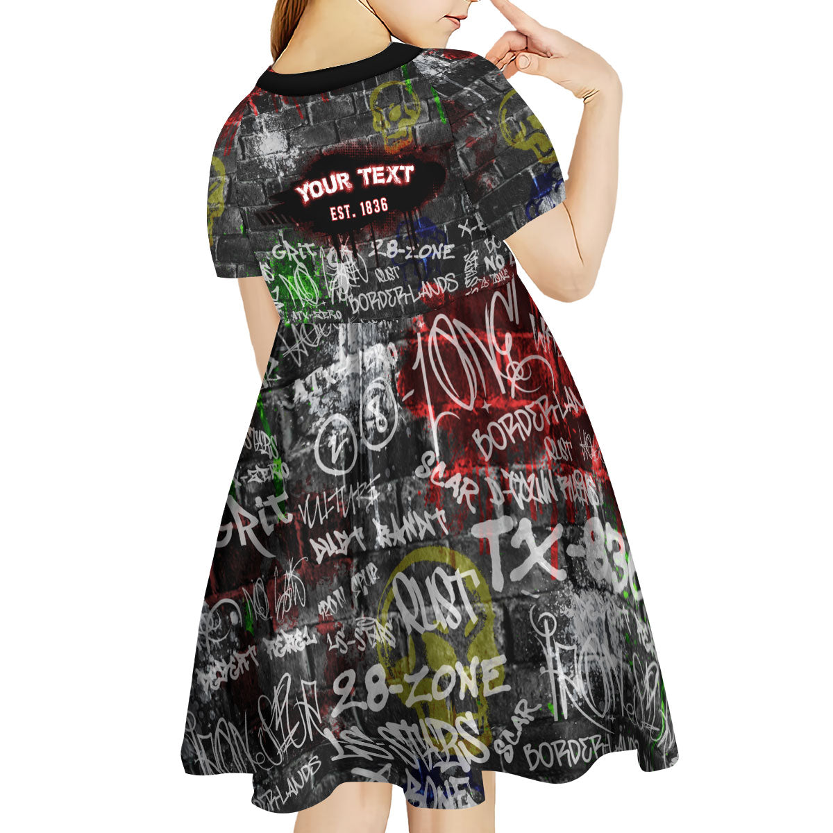 Personalized Wild West Borderlands Kid Short Sleeve Dress Urban Street Graffiti Art Skull Scorpion Symbols