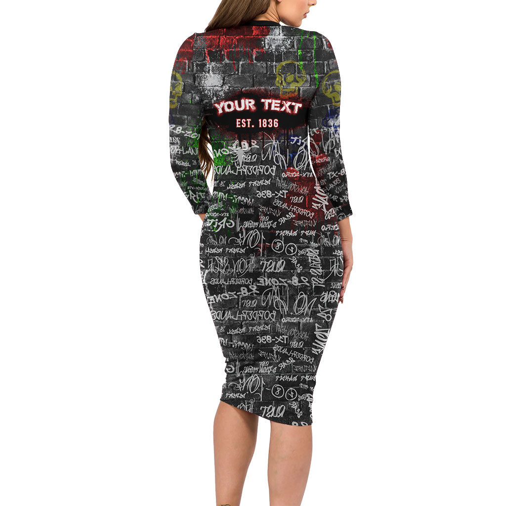 Personalized Wild West Borderlands Long Sleeve Bodycon Dress Urban Street Graffiti Art Skull Scorpion Symbols