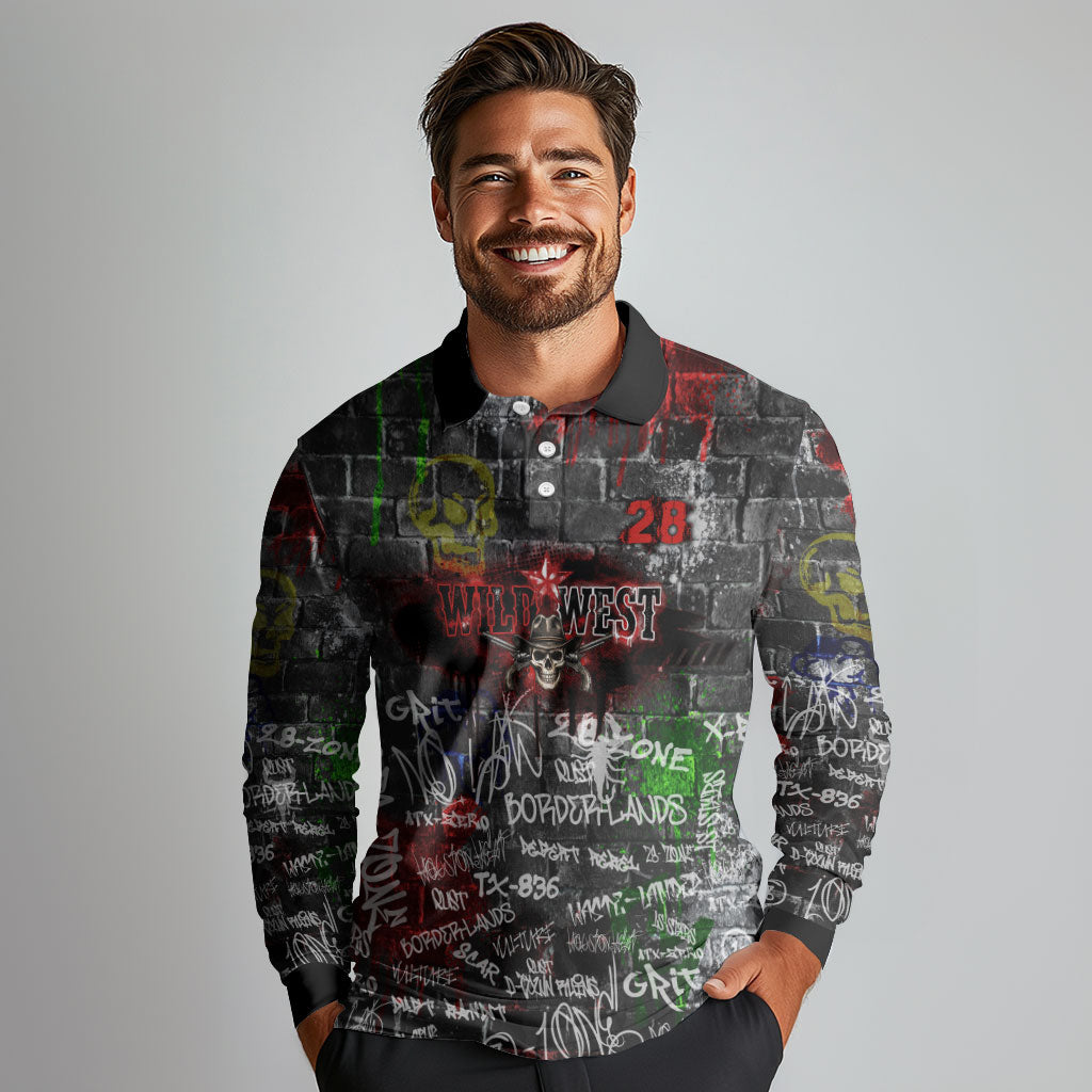 Personalized Wild West Borderlands Long Sleeve Polo Shirt Urban Street Graffiti Art Skull Scorpion Symbols