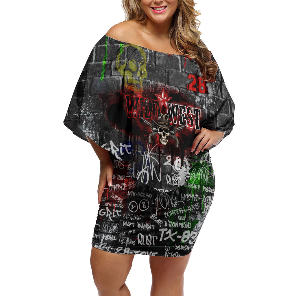 Personalized Wild West Borderlands Off Shoulder Short Dress Urban Street Graffiti Art Skull Scorpion Symbols
