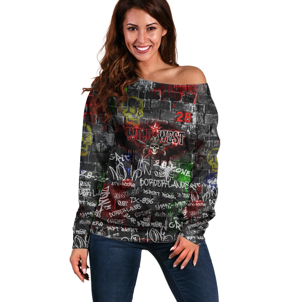 Personalized Wild West Borderlands Off Shoulder Sweater Urban Street Graffiti Art Skull Scorpion Symbols