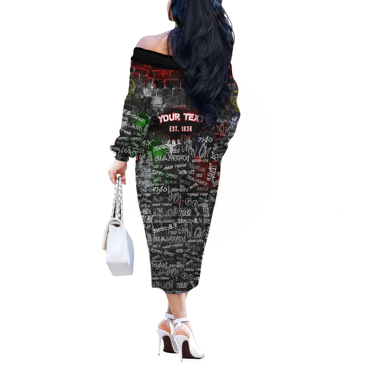 Personalized Wild West Borderlands Off The Shoulder Long Sleeve Dress Urban Street Graffiti Art Skull Scorpion Symbols