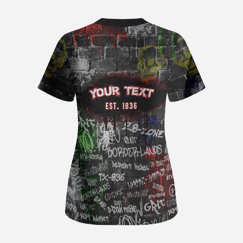 Personalized Wild West Borderlands Scrub Top Urban Street Graffiti Art Skull Scorpion Symbols