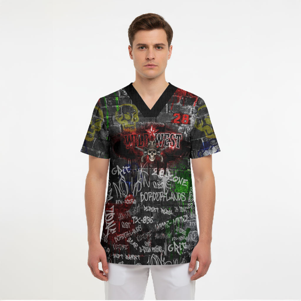 Personalized Wild West Borderlands Scrub Top Urban Street Graffiti Art Skull Scorpion Symbols