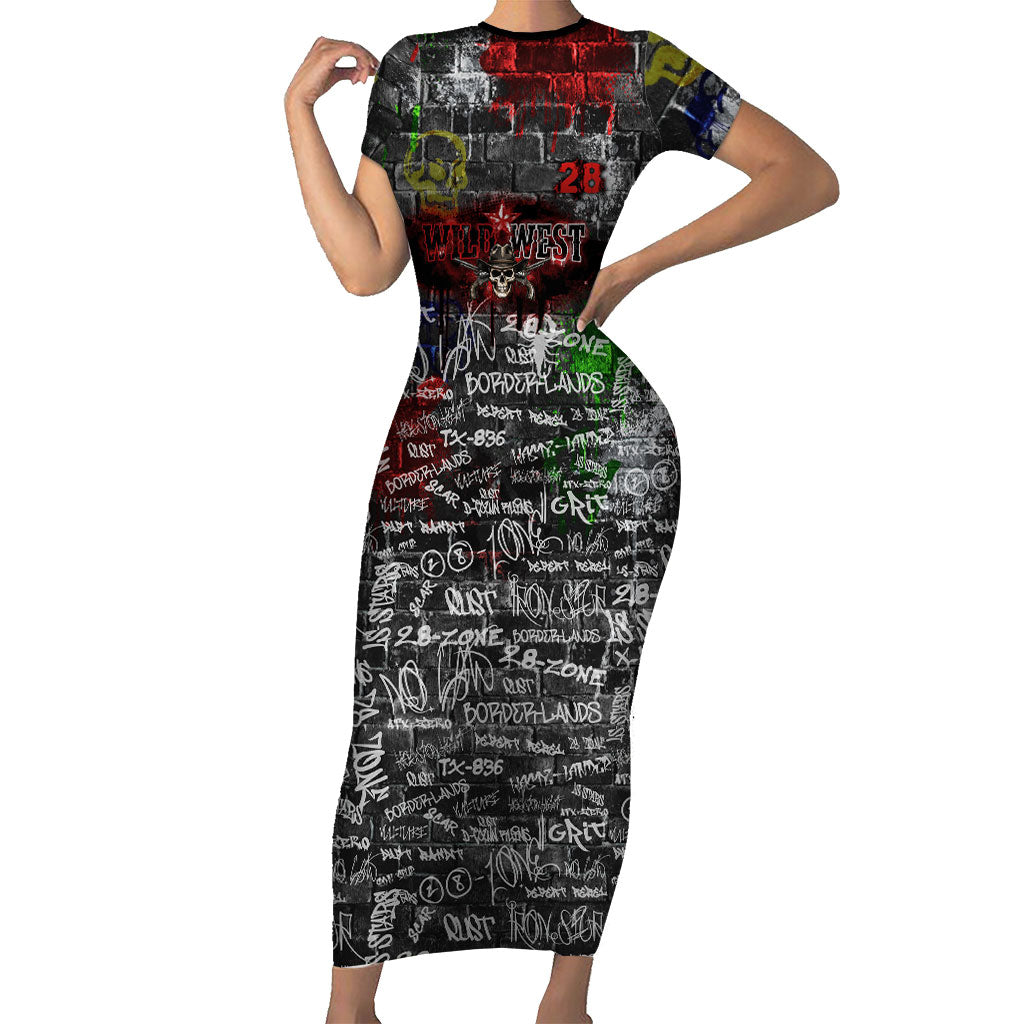 Personalized Wild West Borderlands Short Sleeve Bodycon Dress Urban Street Graffiti Art Skull Scorpion Symbols