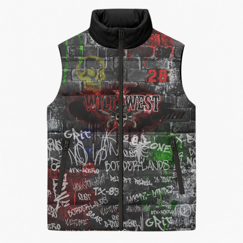 Personalized Wild West Borderlands Sleeveless Puffer Jacket Urban Street Graffiti Art Skull Scorpion Symbols
