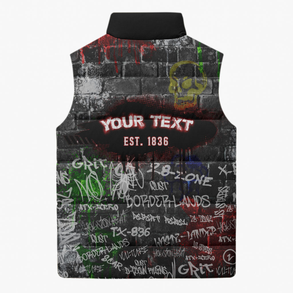 Personalized Wild West Borderlands Sleeveless Puffer Jacket Urban Street Graffiti Art Skull Scorpion Symbols