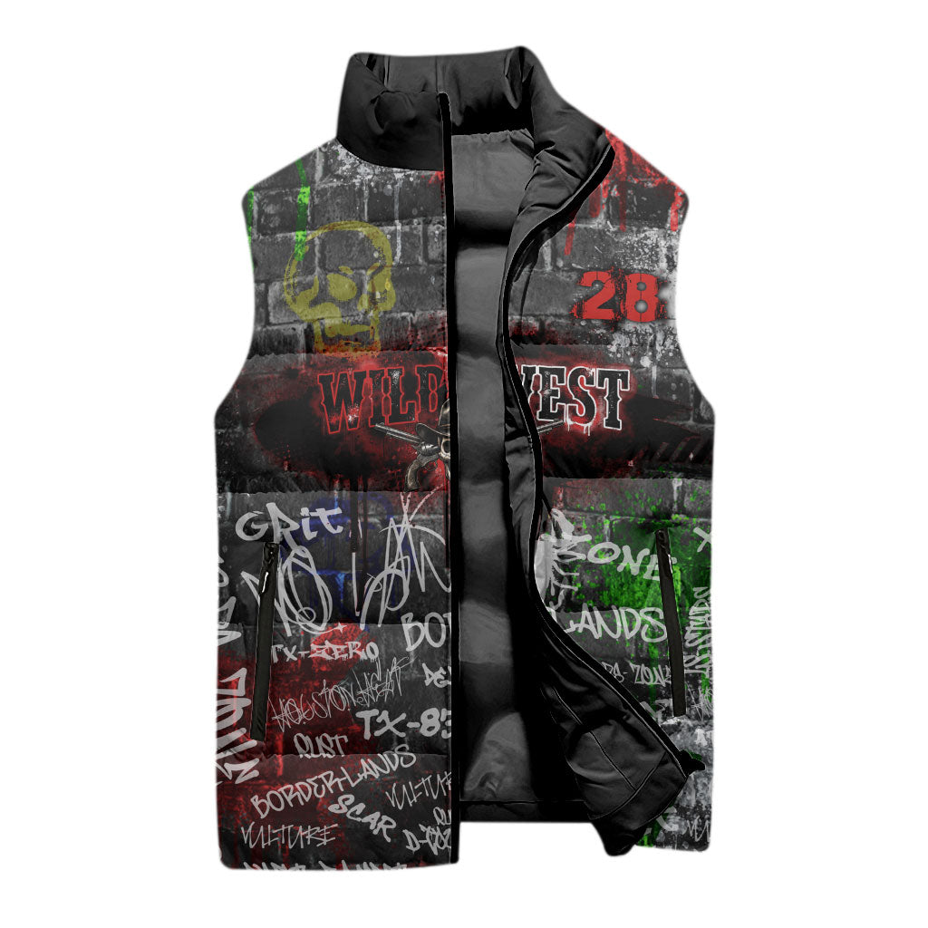 Personalized Wild West Borderlands Sleeveless Puffer Jacket Urban Street Graffiti Art Skull Scorpion Symbols