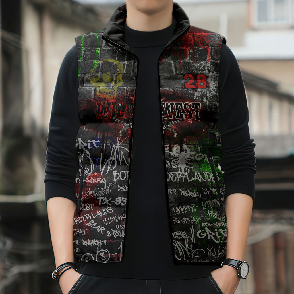 Personalized Wild West Borderlands Sleeveless Puffer Jacket Urban Street Graffiti Art Skull Scorpion Symbols