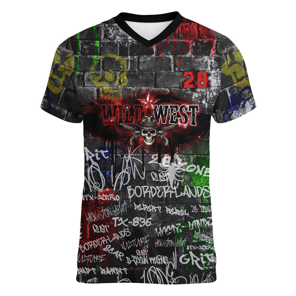 Personalized Wild West Borderlands Women V-Neck T-Shirt Urban Street Graffiti Art Skull Scorpion Symbols