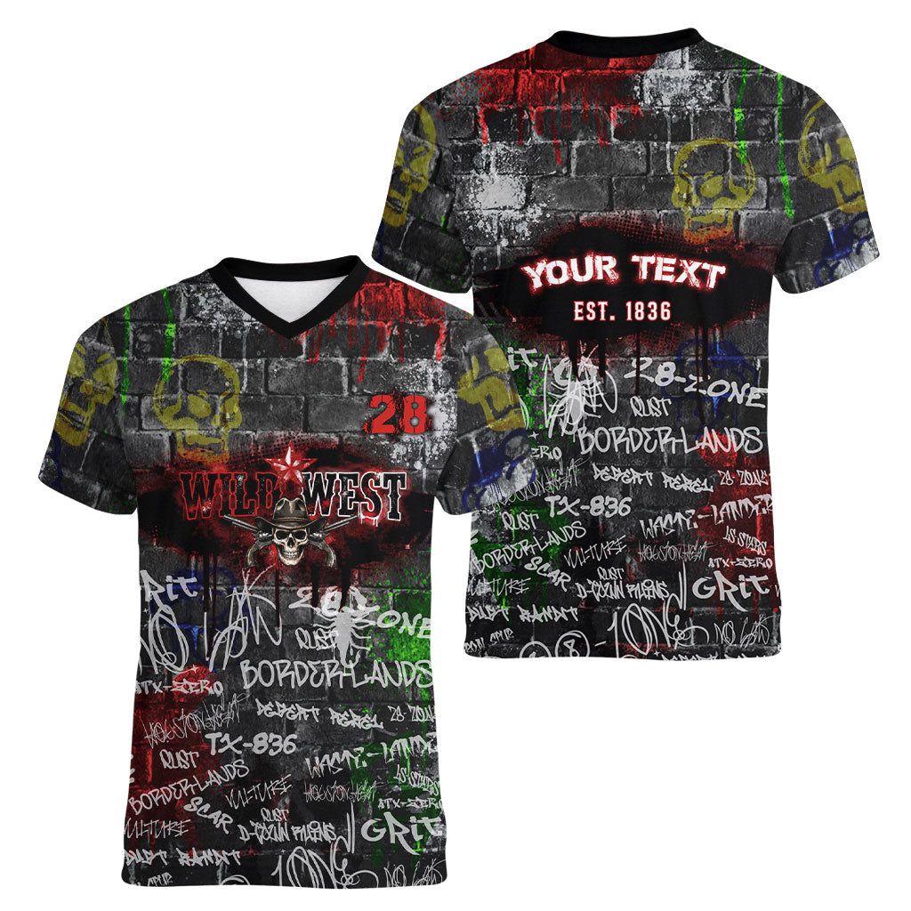 Personalized Wild West Borderlands Women V-Neck T-Shirt Urban Street Graffiti Art Skull Scorpion Symbols
