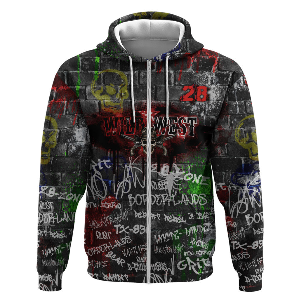 Personalized Wild West Borderlands Zip Hoodie Urban Street Graffiti Art Skull Scorpion Symbols
