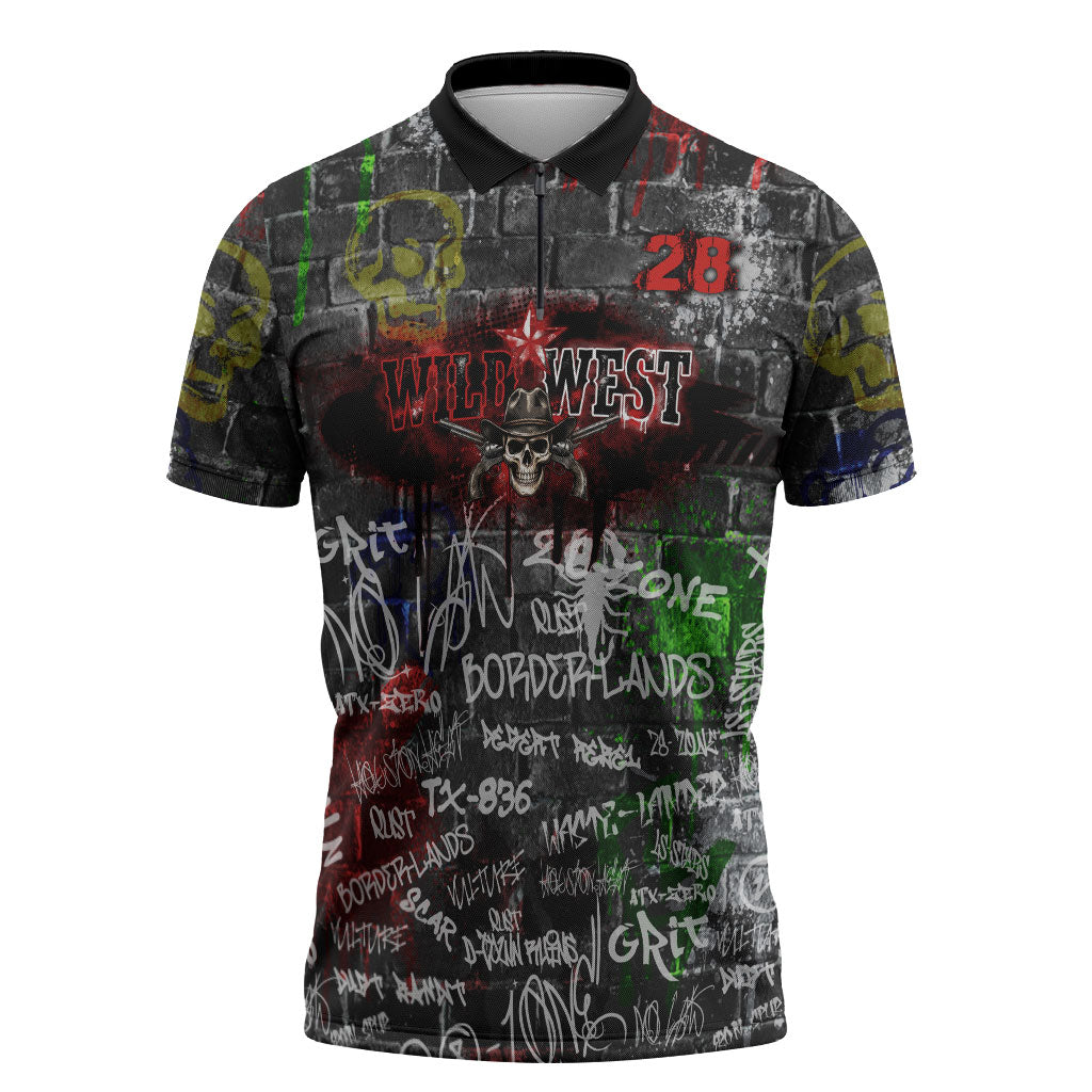 Personalized Wild West Borderlands Zipper Polo Shirt Urban Street Graffiti Art Skull Scorpion Symbols